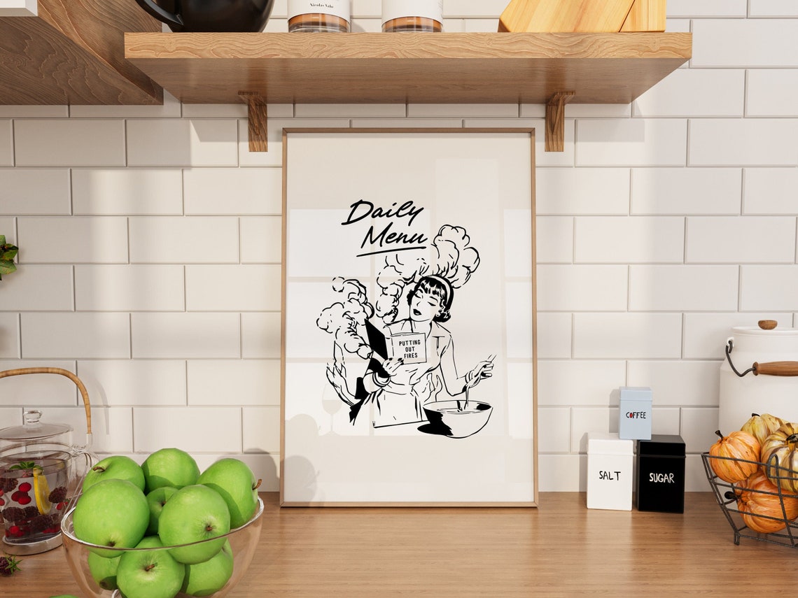 Daily Menu Putting Out Fires Retro Housewife Kitchen Art Poster