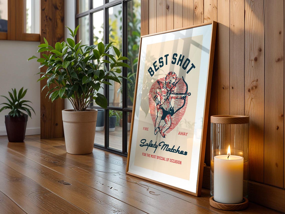 Best Shot Fire Away Cupid Vintage Matchbox Label Valentine Poster - Image 2