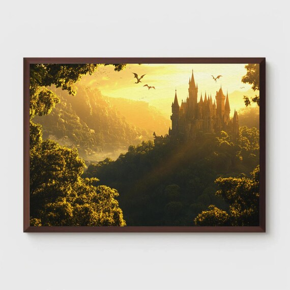 Fantasy Castle In Golden Forest Art Majestic Landscape With Dragons Enchanted Kingdom Wall Art Decor By Pixelhive
