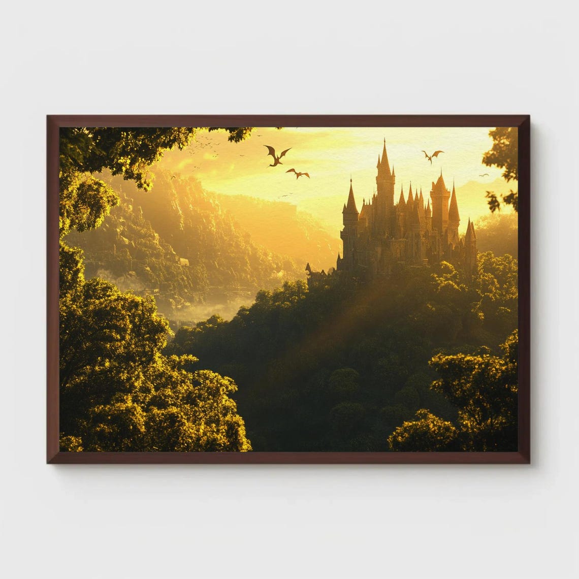 Epic Fantasy Castle in Golden Forest Sunset with Dragons Poster