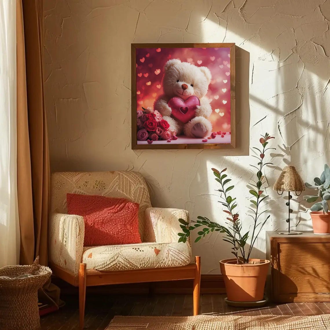 Adorable Teddy Bear Holding Pink Heart with Roses Valentine Poster - Image 2