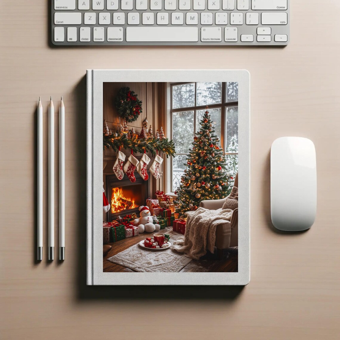 Cozy Christmas Living Room with Fireplace and Stockings Poster - Image 3