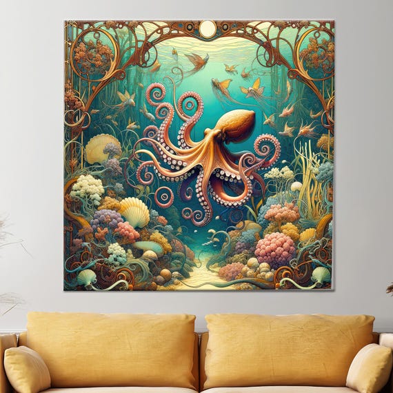 Octopus Canvas Art Print Underwater Coral Reef Wall Decor