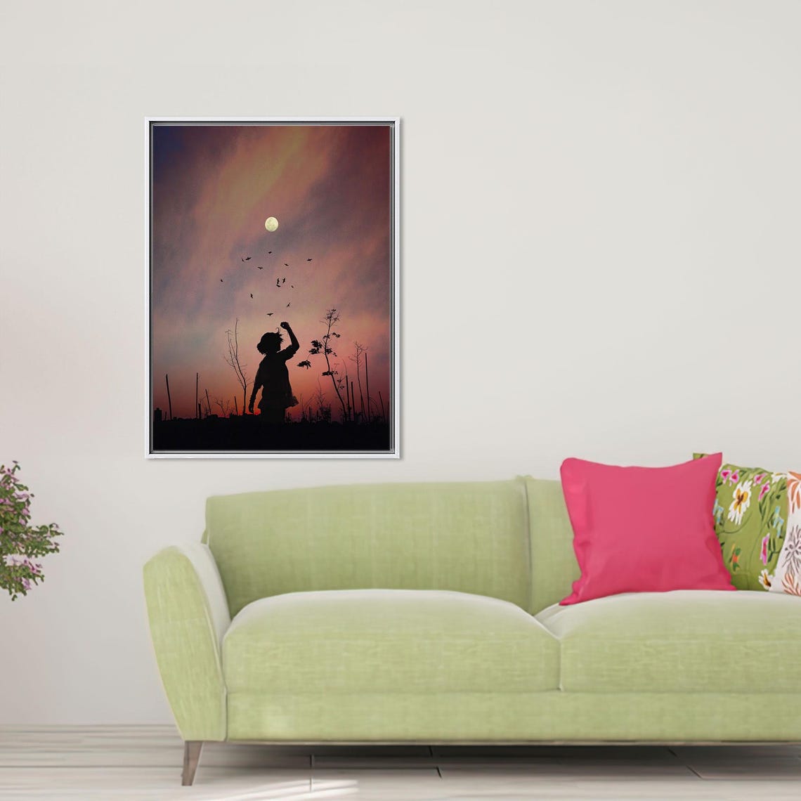 Girl Silhouette Birds Canvas Print Full Moon Wall Art
