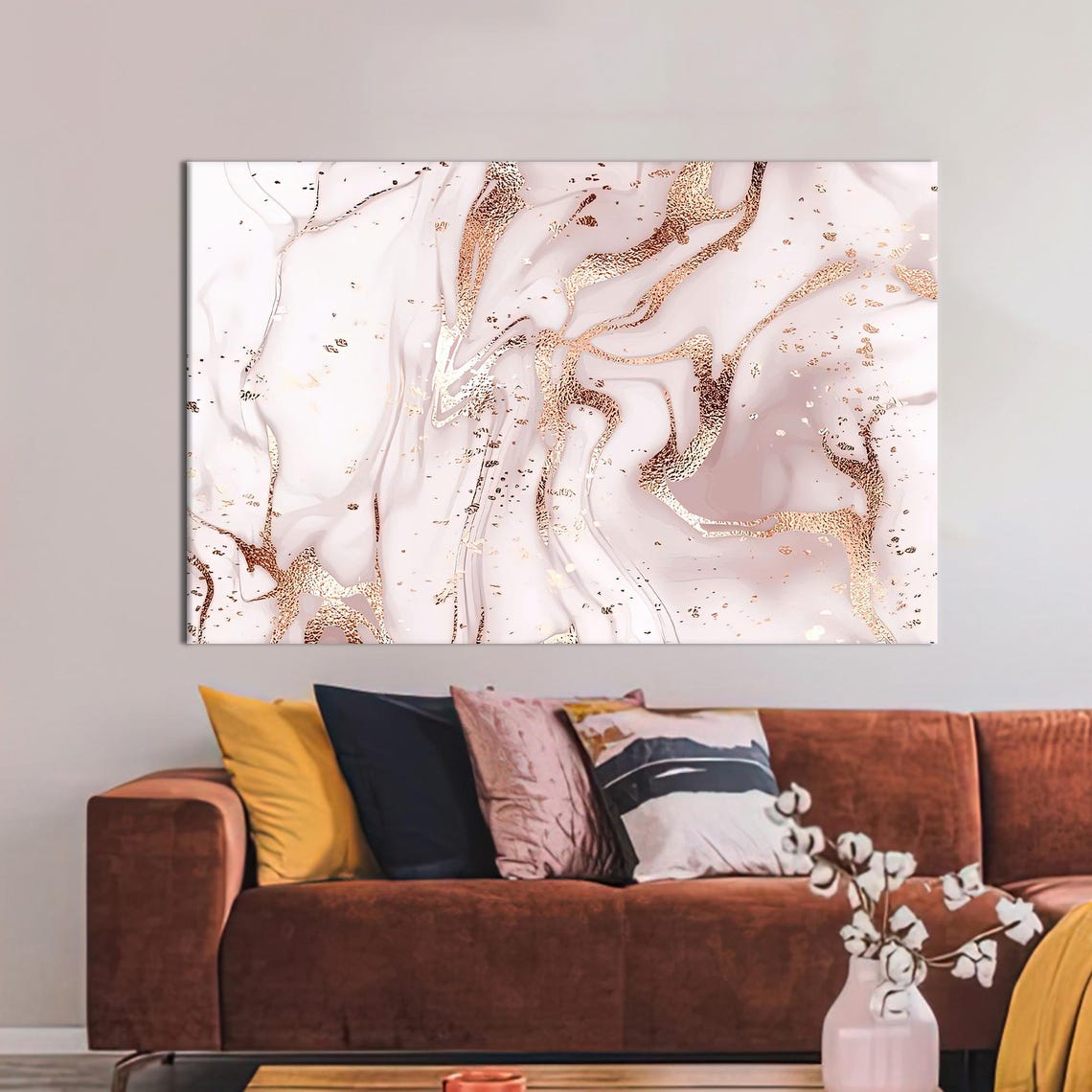 White And Rose Gold Marble Abstract Canvas Art Luxury Minimal Print