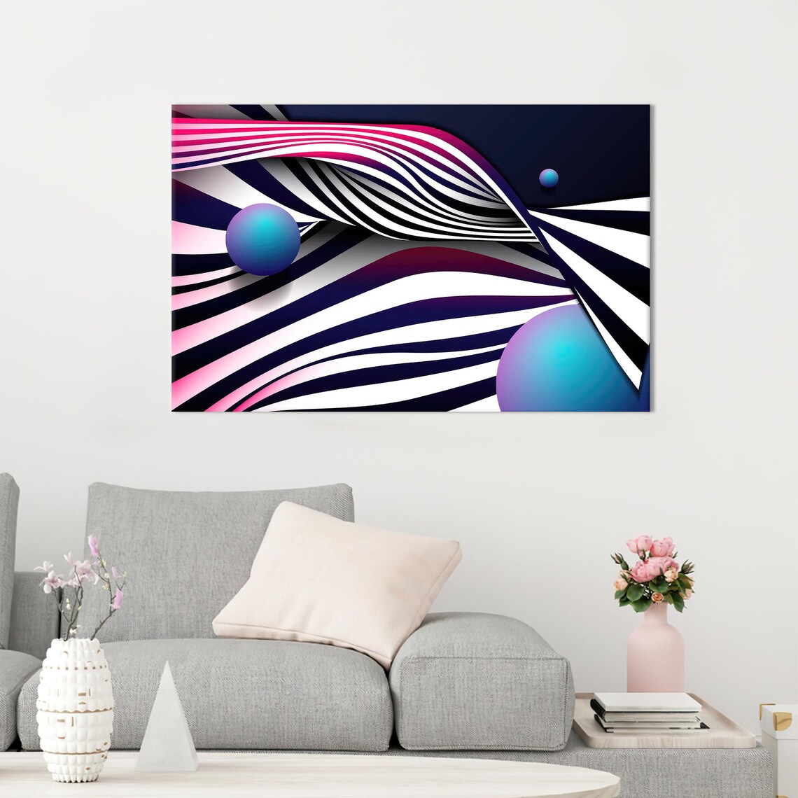 Abstract Wavy Lines Op Art Print Pink Black White Geometric Flow Design