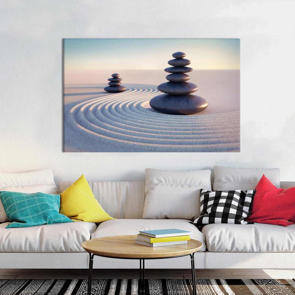 Balancing Zen Stones in a Raked Sand Garden Calming Zen Poster