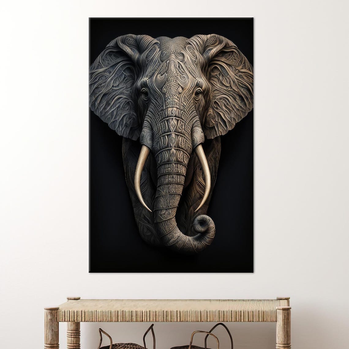 Tribal Carved Elephant Head 3D Zentangle Black Background Wall Art
