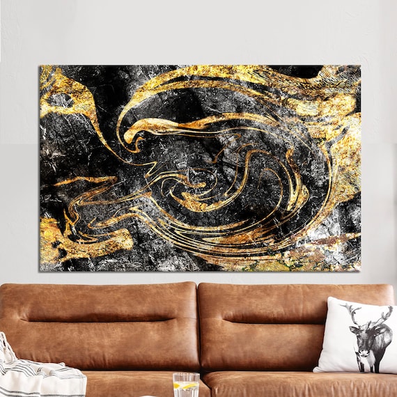 Black Gold Marble Swirl Abstract Elegant Luxury Statement Wall Art