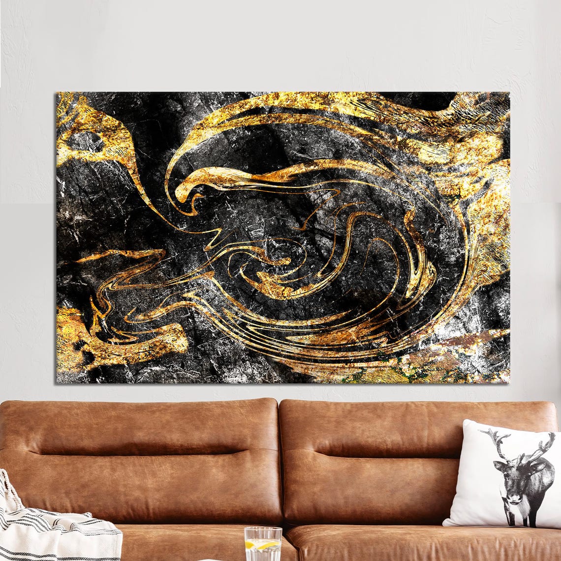 Black Gold Marble Swirl Abstract Elegant Luxury Statement Wall Art