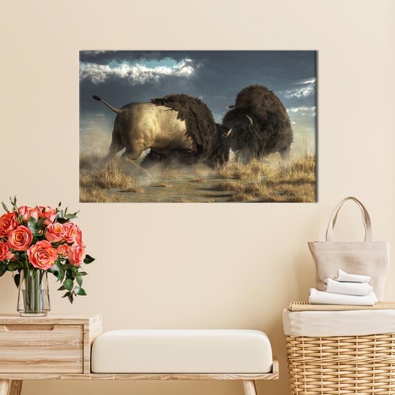 Bison Bulls Fighting Dramatic Prairie Storm Wild West Scene Wall Art