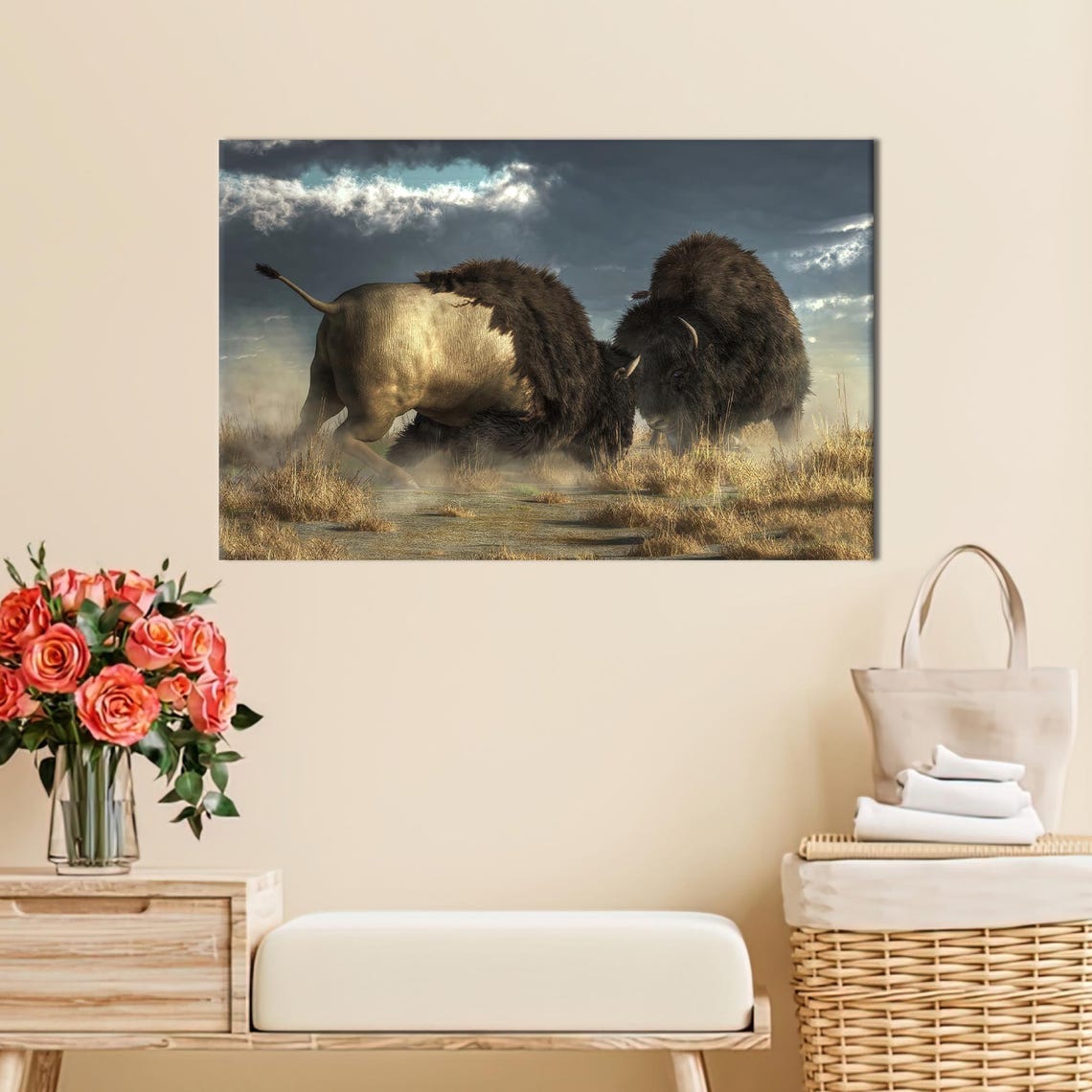 Bison Bulls Fighting Dramatic Prairie Storm Wild West Scene Wall Art