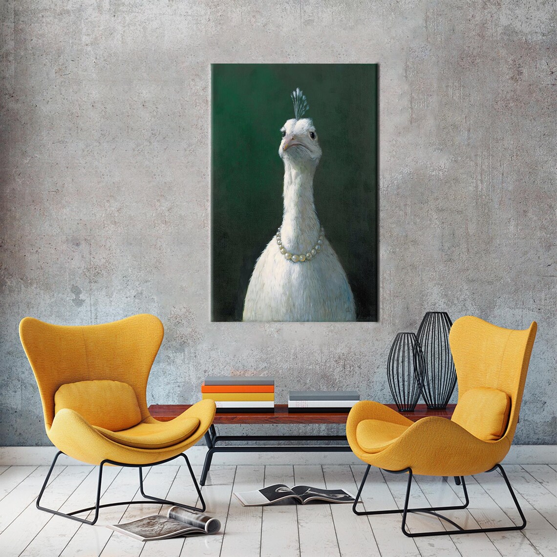 Elegant White Peacock Portrait With Pearls Dark Green Animal Art Poster