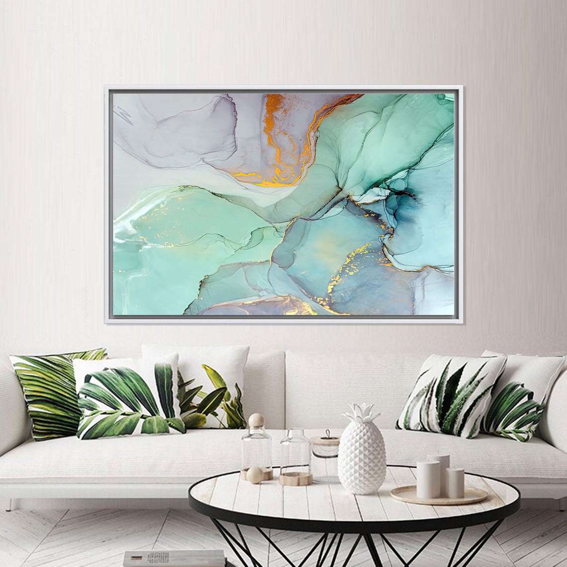 Soft Teal Gold Marble Alcohol Ink Elegant Minimalist Decor Poster