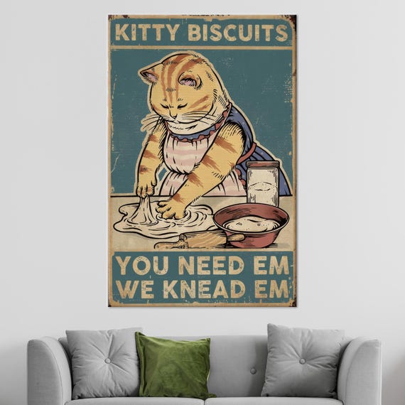 Kitty Biscuits Funny Chef Cat Kneading Dough Kitchen Art Poster