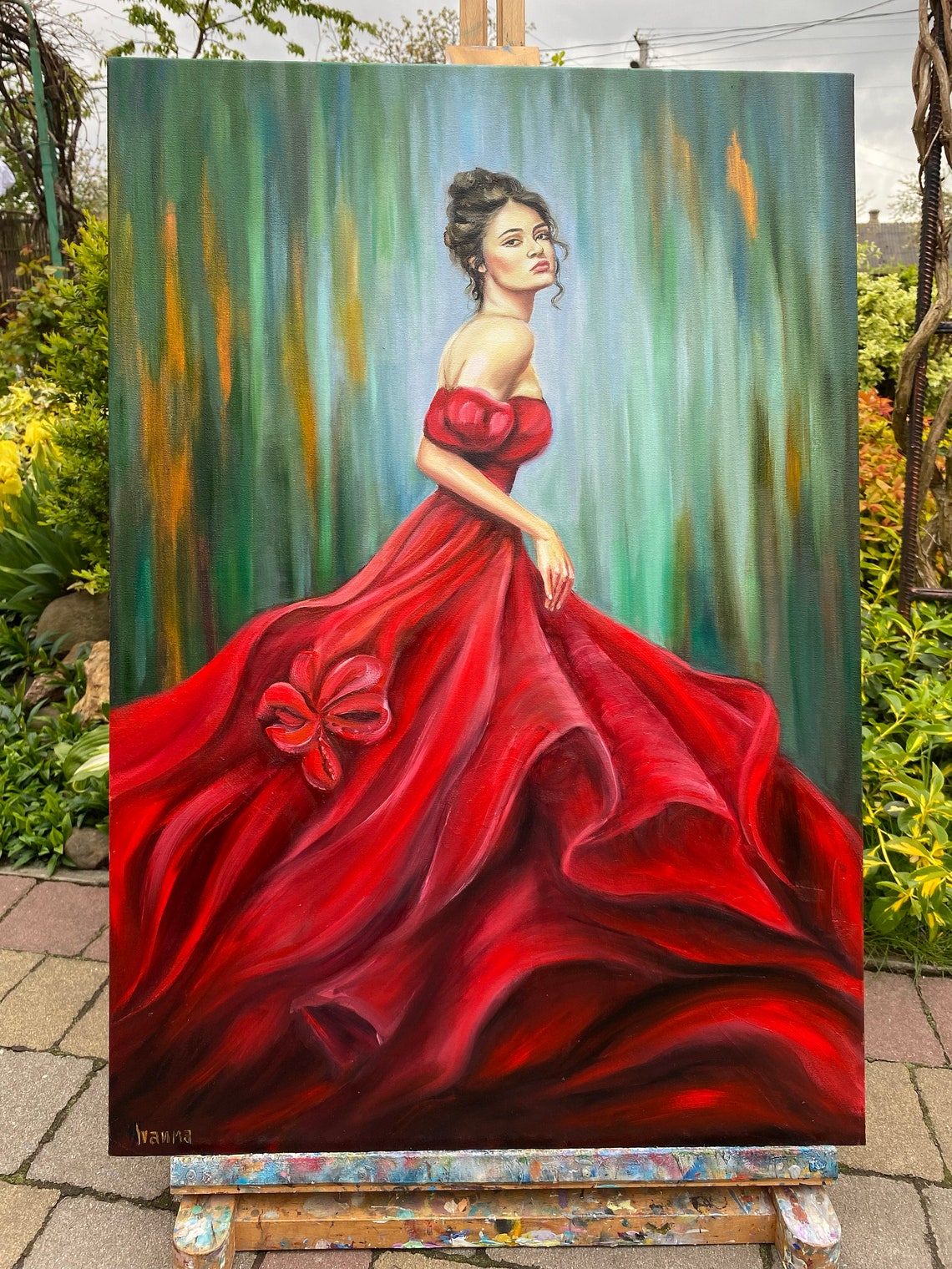 Lady In Red Dress Oil Painting Original Abstract Modern Woman Painting Green And Red Wall Art Beautiful Painting Of Woman Elegant Modern Art - Image 3