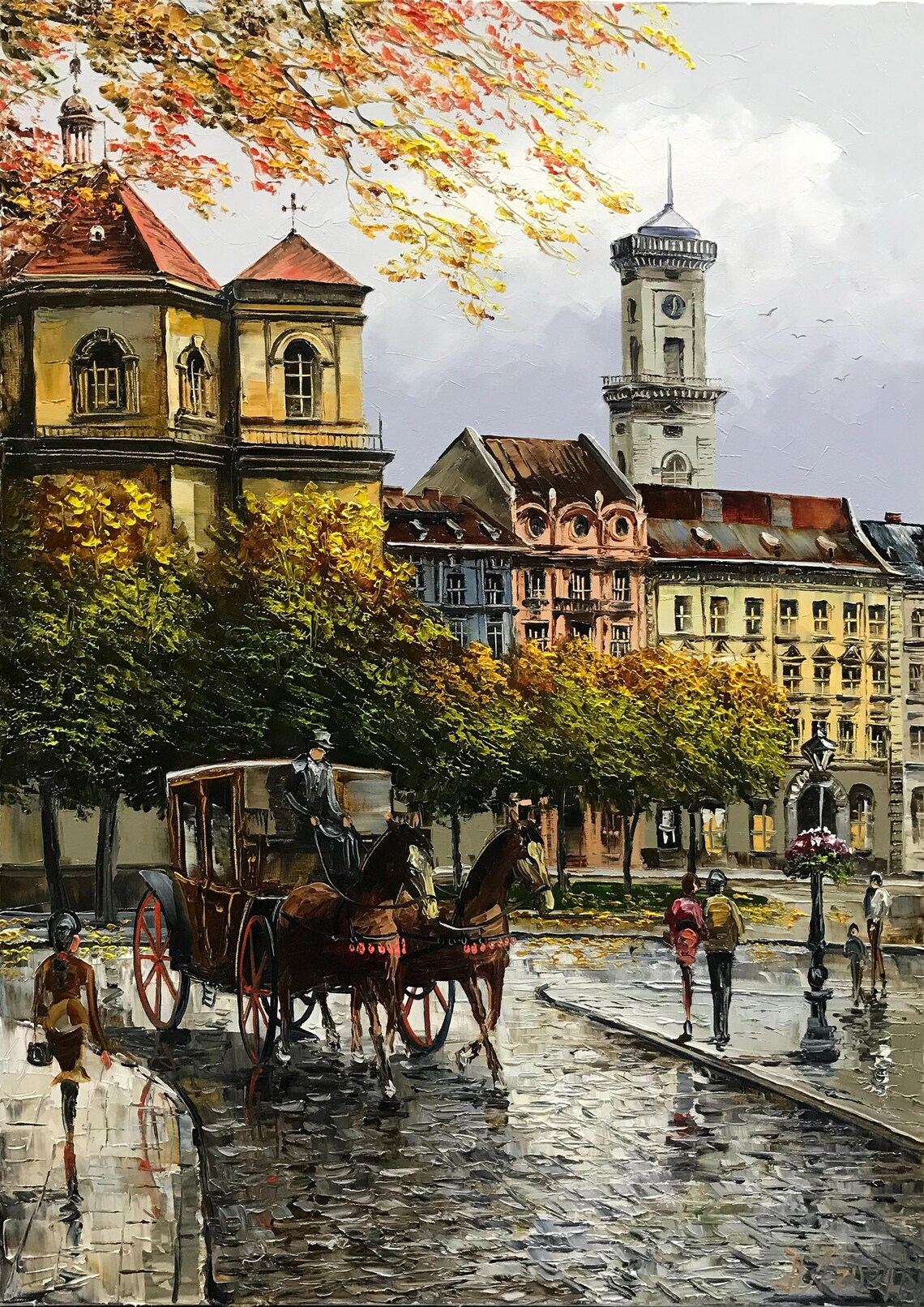 Lviv Ukraine Old Town Horse Carriage Autumn Square Oil Painting Poster - Image 3
