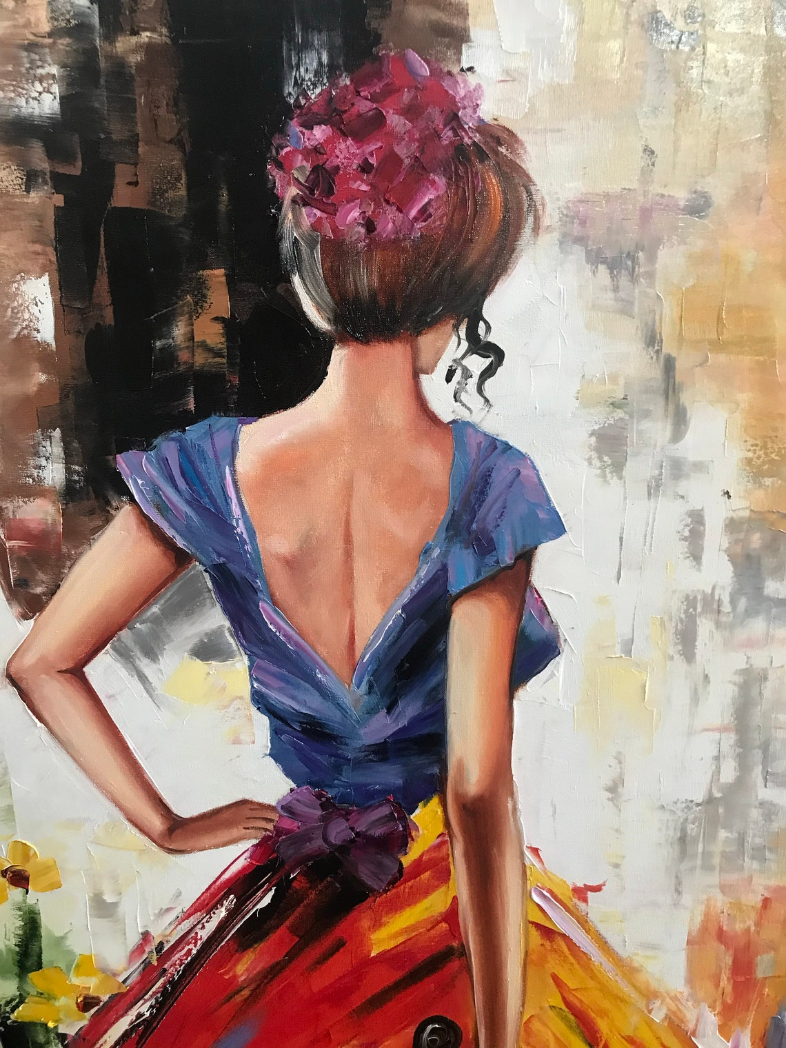Abstract Woman In Red Dress Oil Painting Original Abstract Girl Back View Painting Extra Large Oil Painting Over Fireplace Modern Woman Art - Image 2
