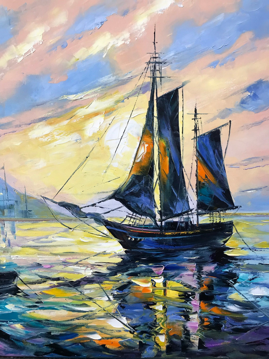 Sailboats Sunset Harbor Golden Reflections Seascape Ocean Art Poster - Image 2