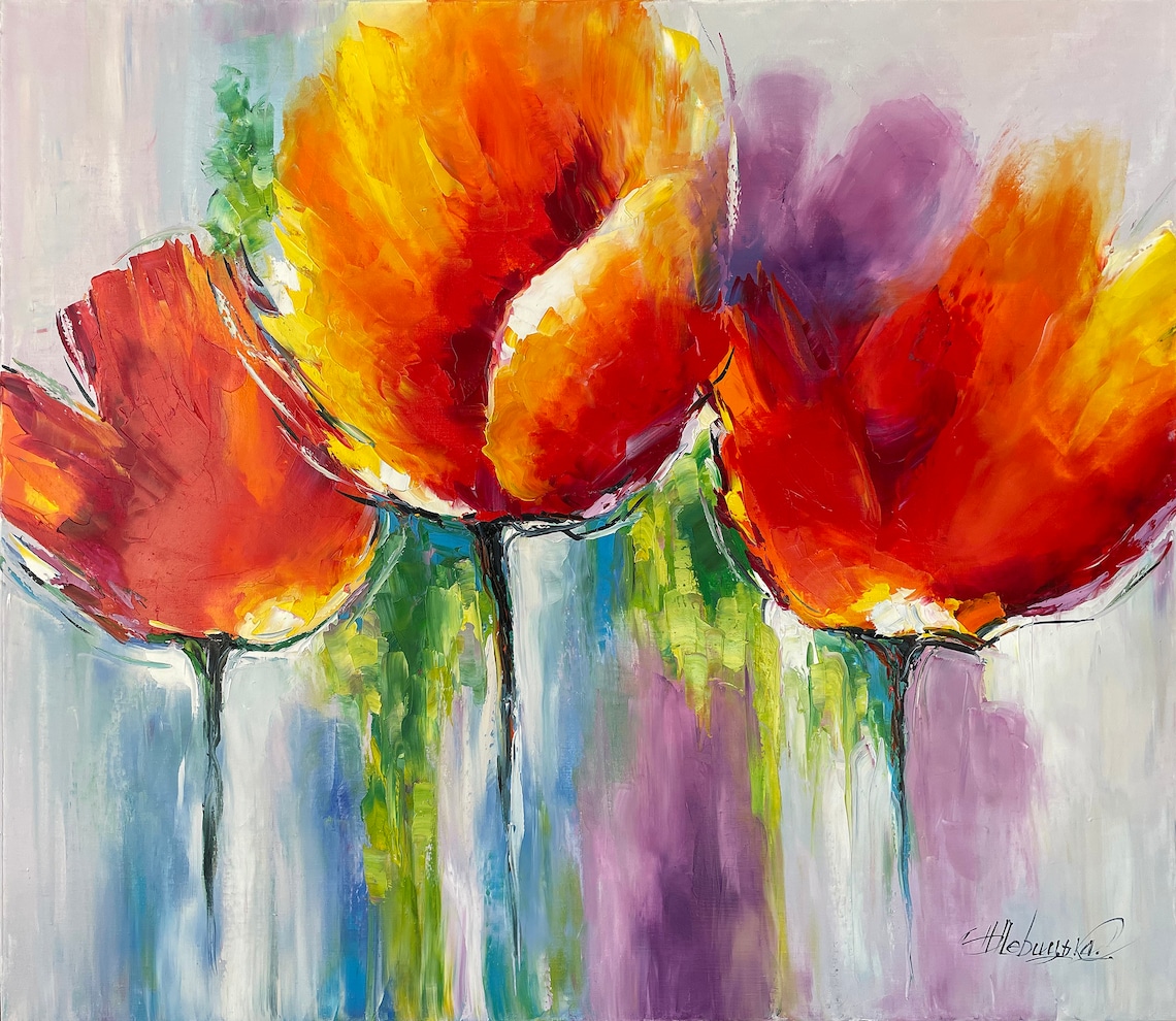 Abstract Orange Red Tulips Bold Brushstrokes Pastel Floral Art Poster