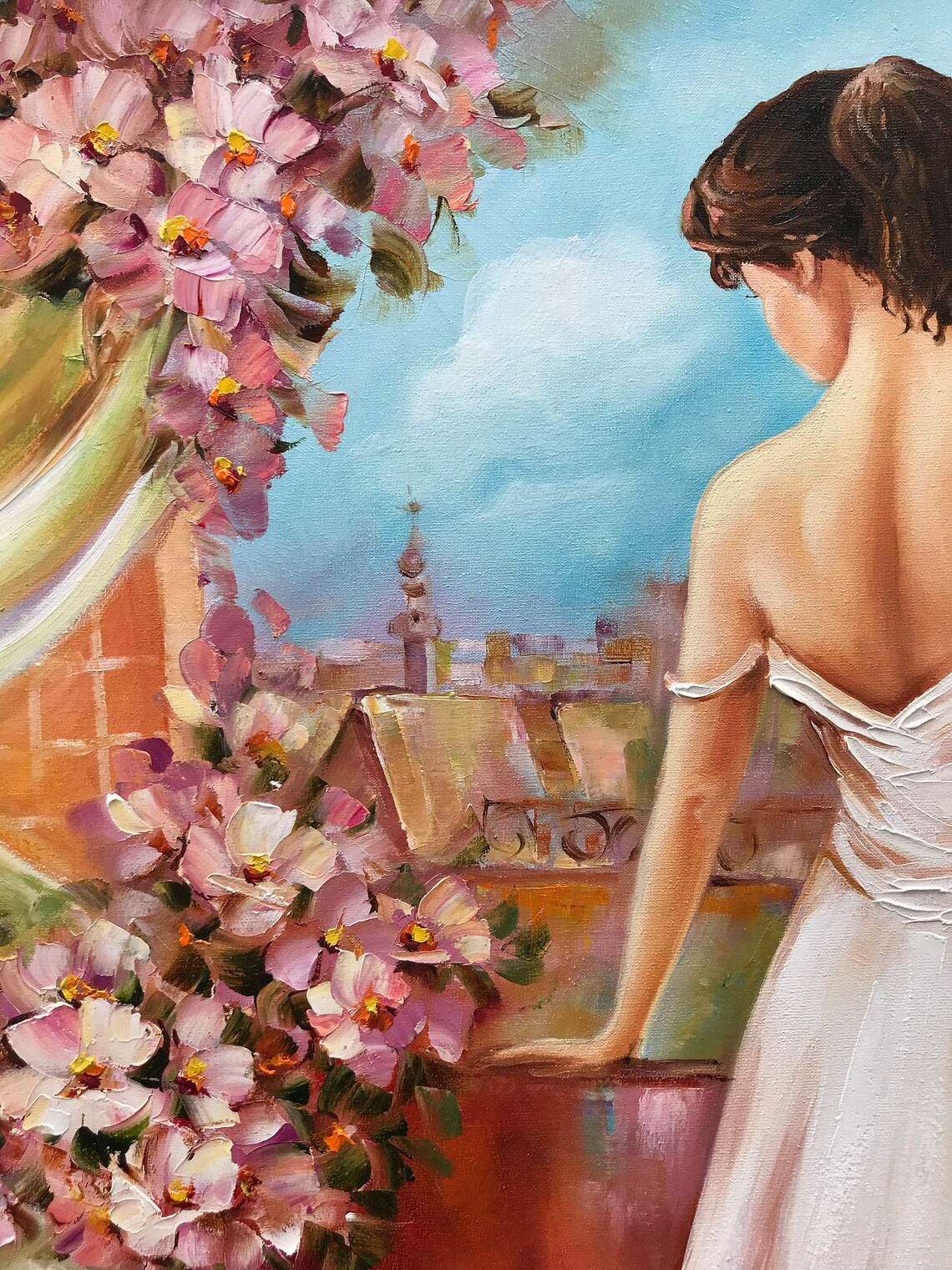 Ballerina On Balcony Pink Blossoms European City View Oil Painting Poster - Image 3