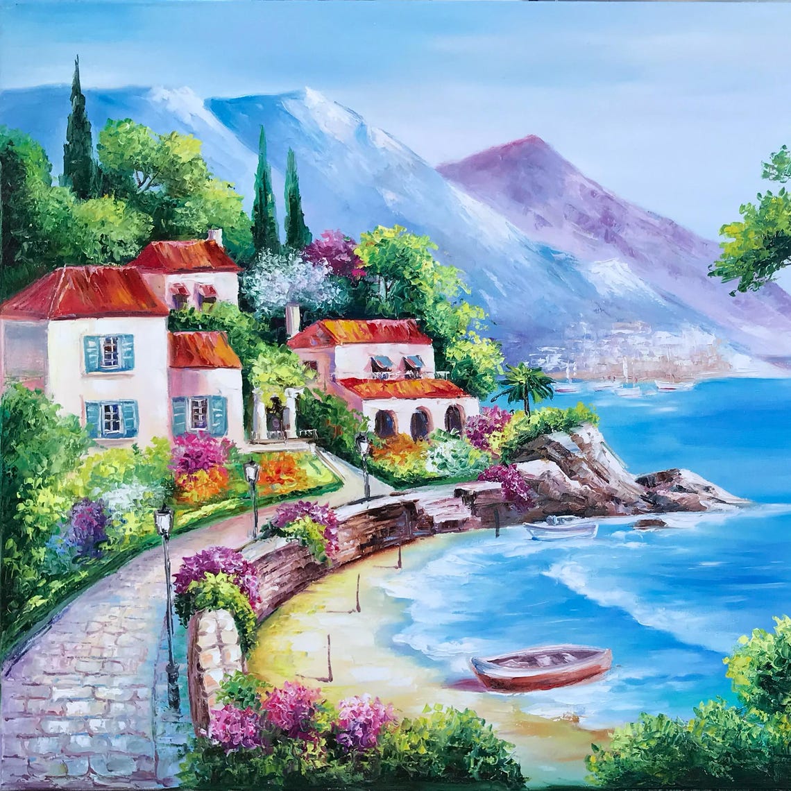 Amalfi Coast Italy Oil Painting Original Italian Scenic Paintings Italy Artwork Panoramic Landscape Painting Italian Positano Coast Painting - Image 2
