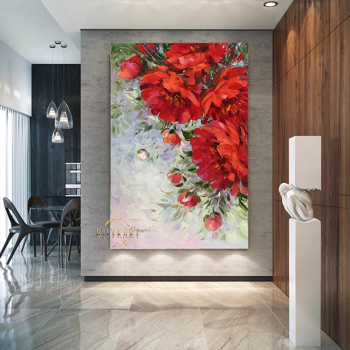 Red Peonies Large Bold Blooms Dramatic Impasto Floral Art Poster - Image 2