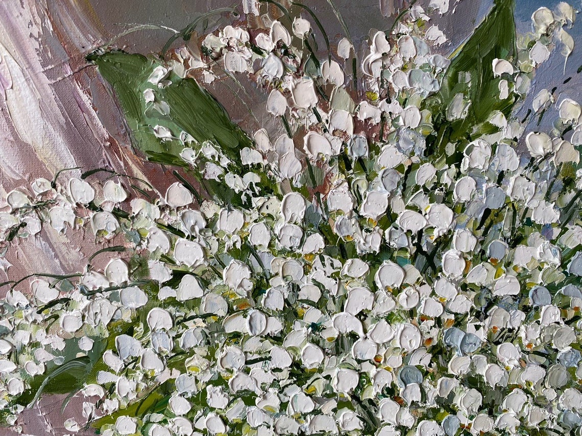 Lily Of The Valley Oil Painting Original Spring Flowers Art Green Botanical Wall Decor Bouquet In Vase Impasto Flowers Painting On - Image 2