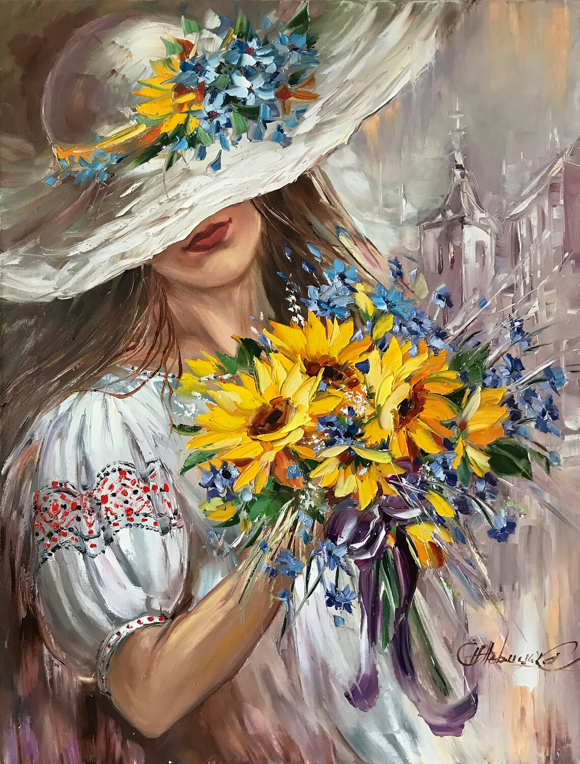 Ukrainian Woman Sunflowers Embroidery Hat Oil Painting Folk Art Poster - Image 2