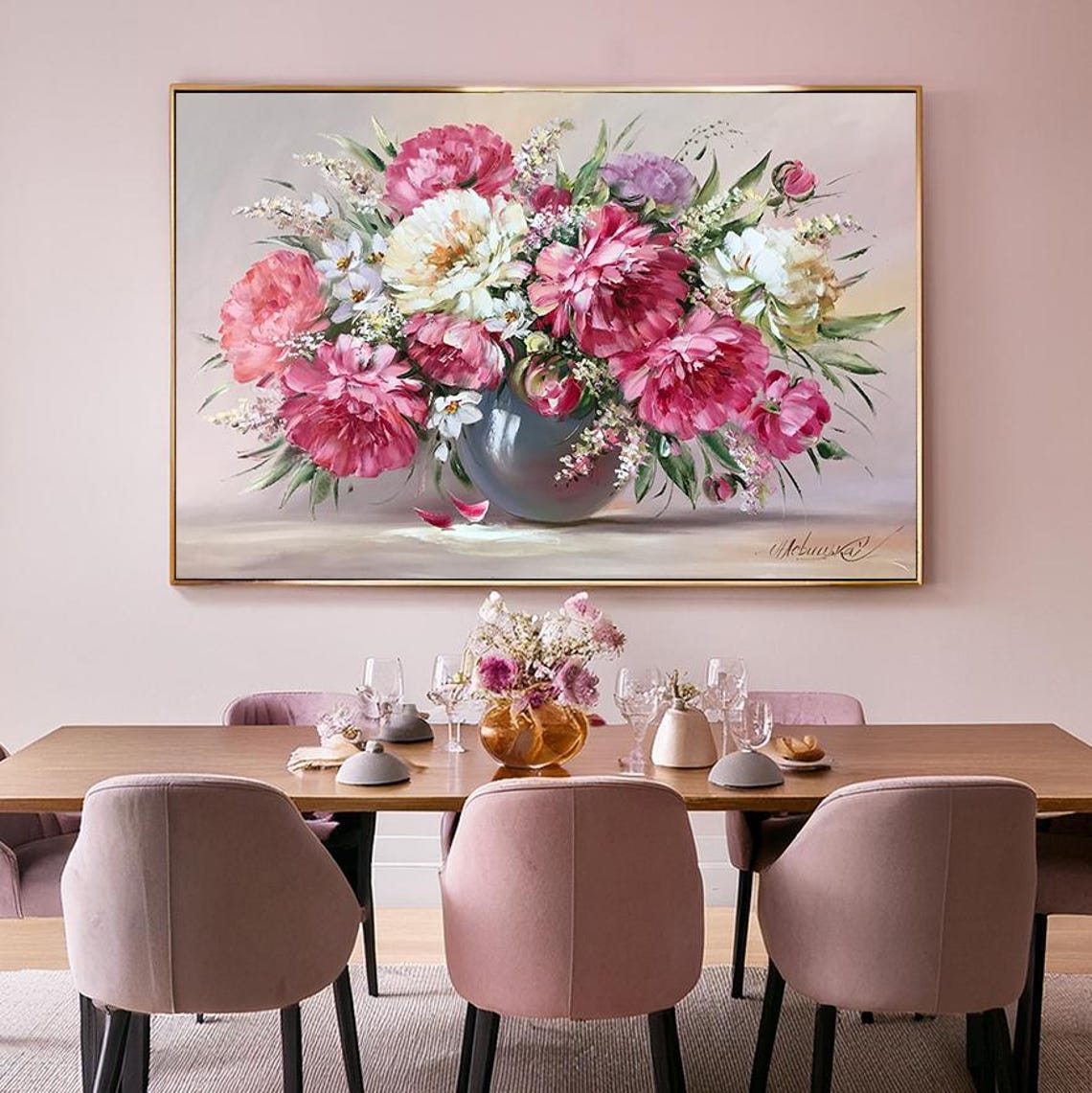 Pink Peonies Painting On Peony Wall Art Pink Peonies Art Flower Bouquet Oil Painting Peonies Wall Art Still Life Painting Of Flowers - Image 3
