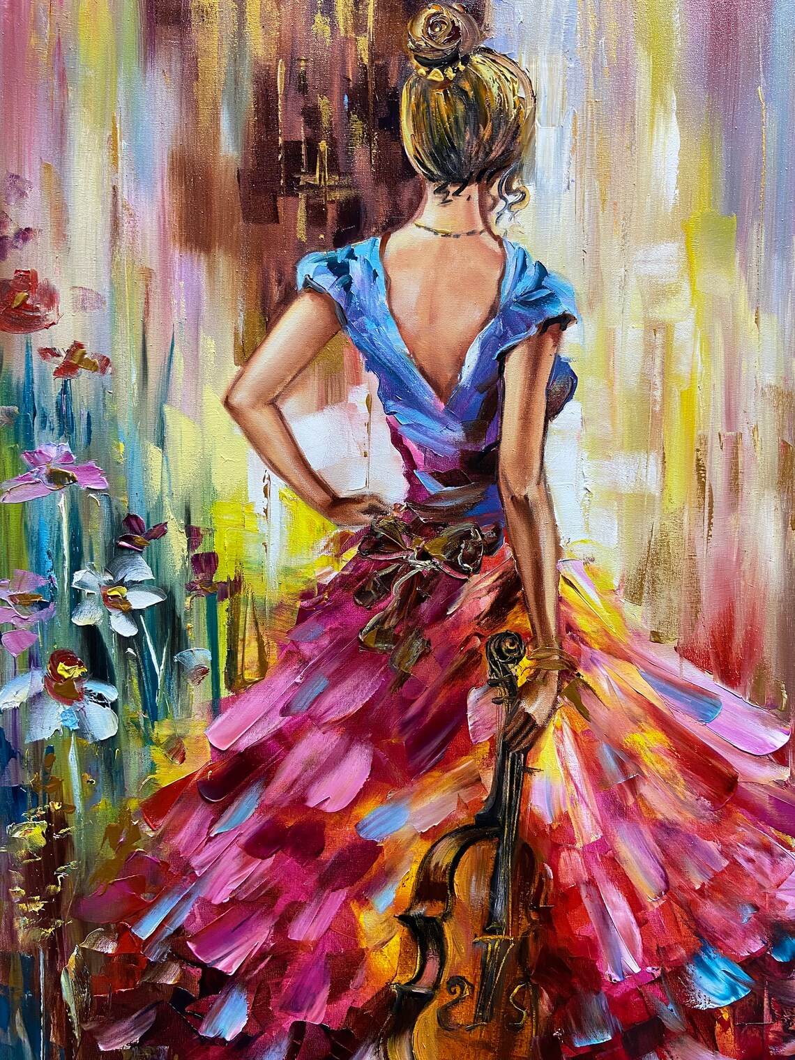 Violin Girl Oil Painting, Flower Dress Wall Art Print - Image 3