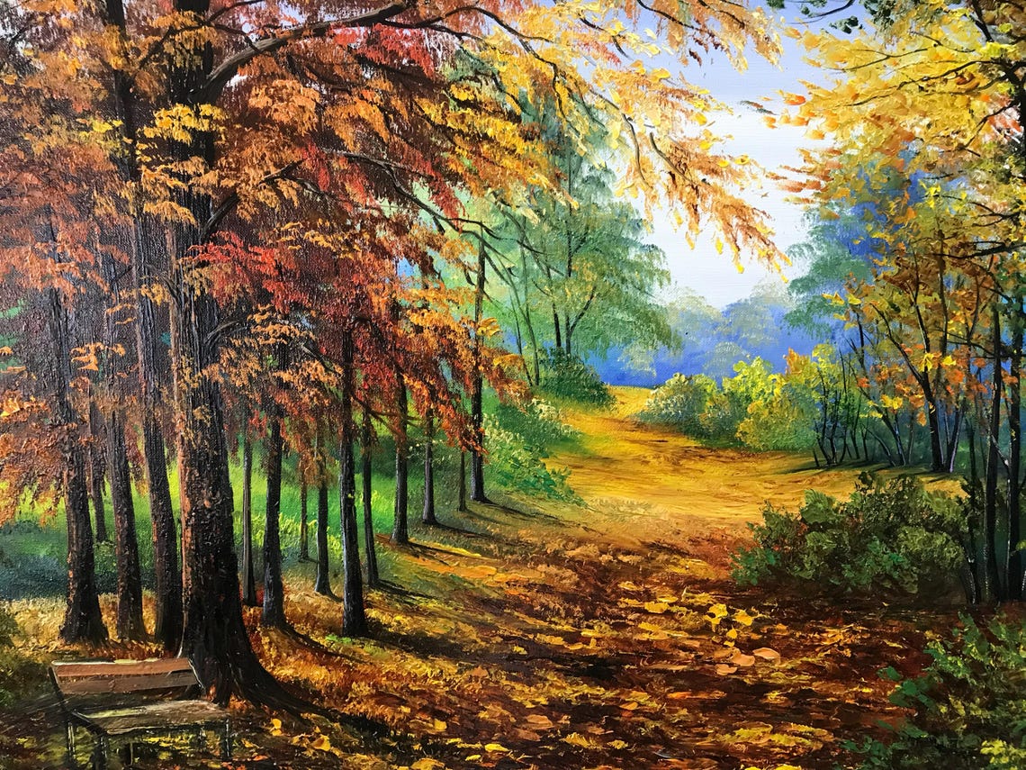 Autumn Forest Golden Path Park Bench Fall Foliage Oil Painting Poster - Image 2