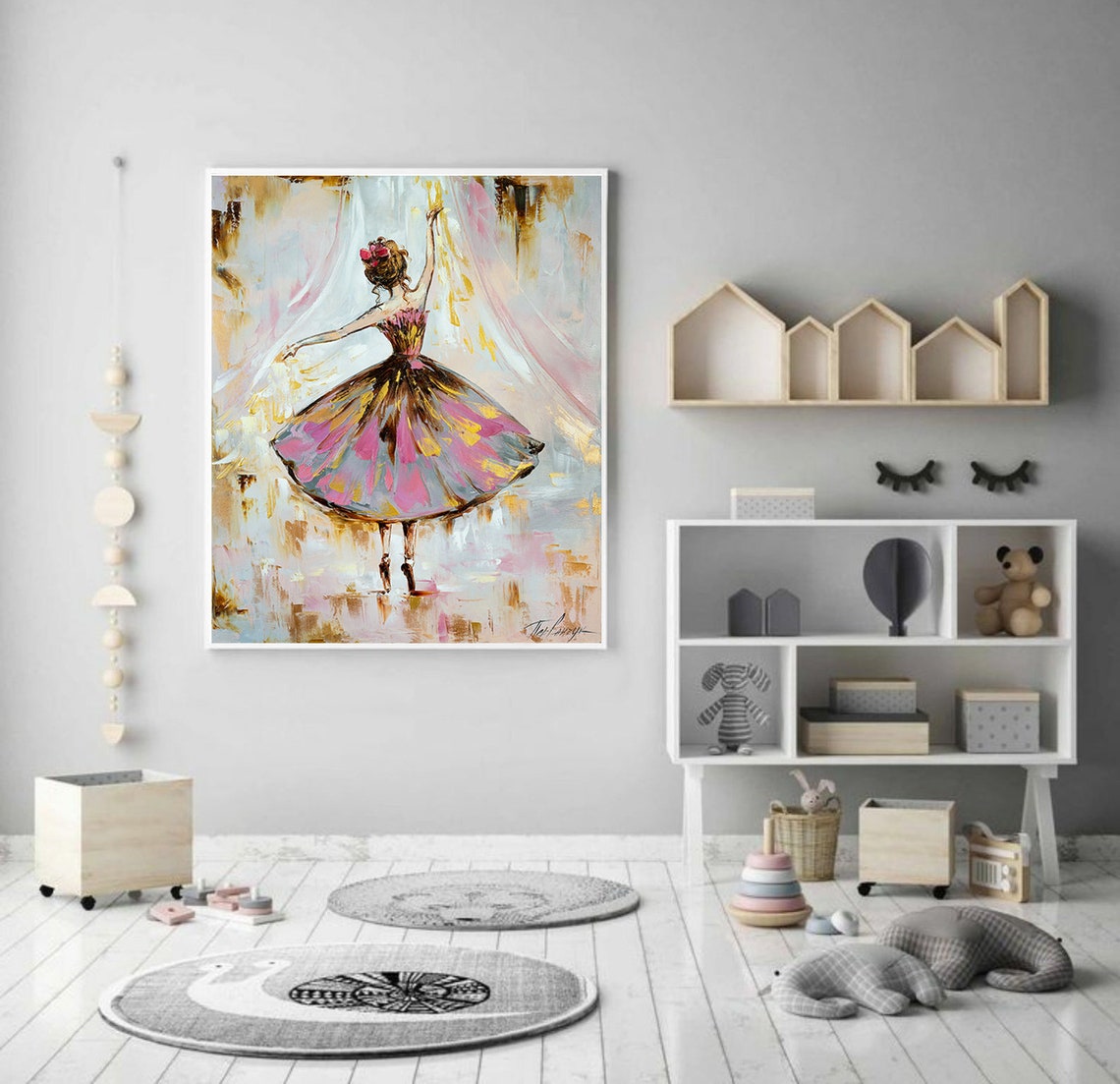 Ballerina In Pink Gold Tutu Dancing Soft Abstract Nursery Wall Poster - Image 2