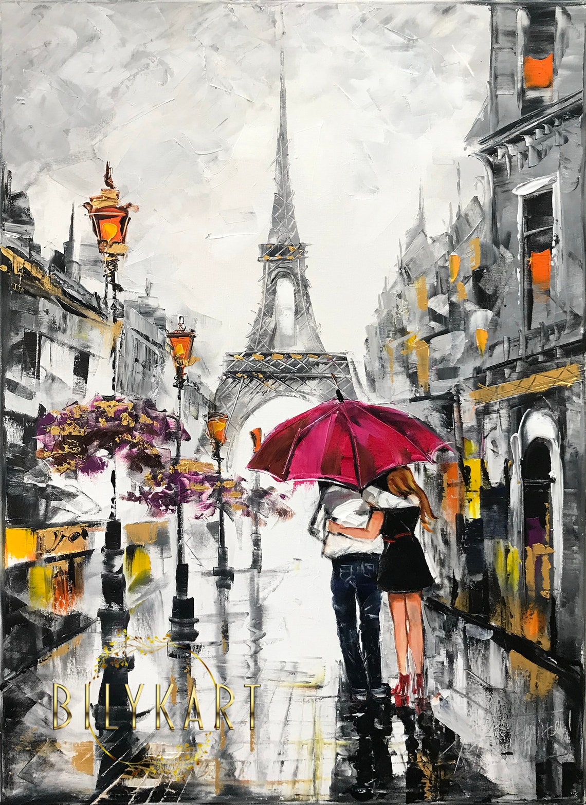 Couple Red Umbrella Eiffel Tower Rainy Paris Street Love Art Poster