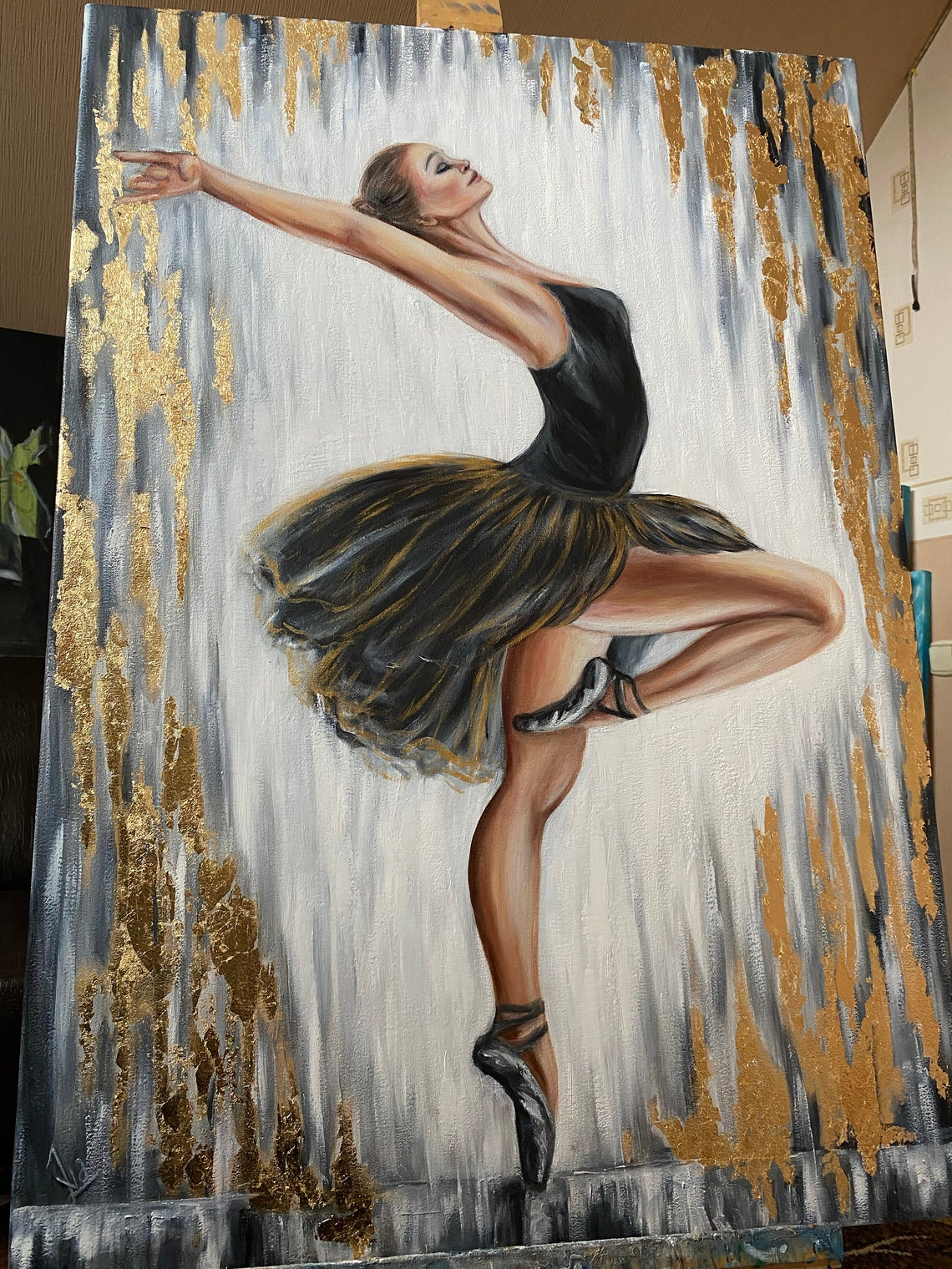 Abstract Ballerina Painting On Black And White Art Original Ballet Artwork Ballet Painting Gold Leaf Ballerina Oil Painting 70x100 Cm - Image 2