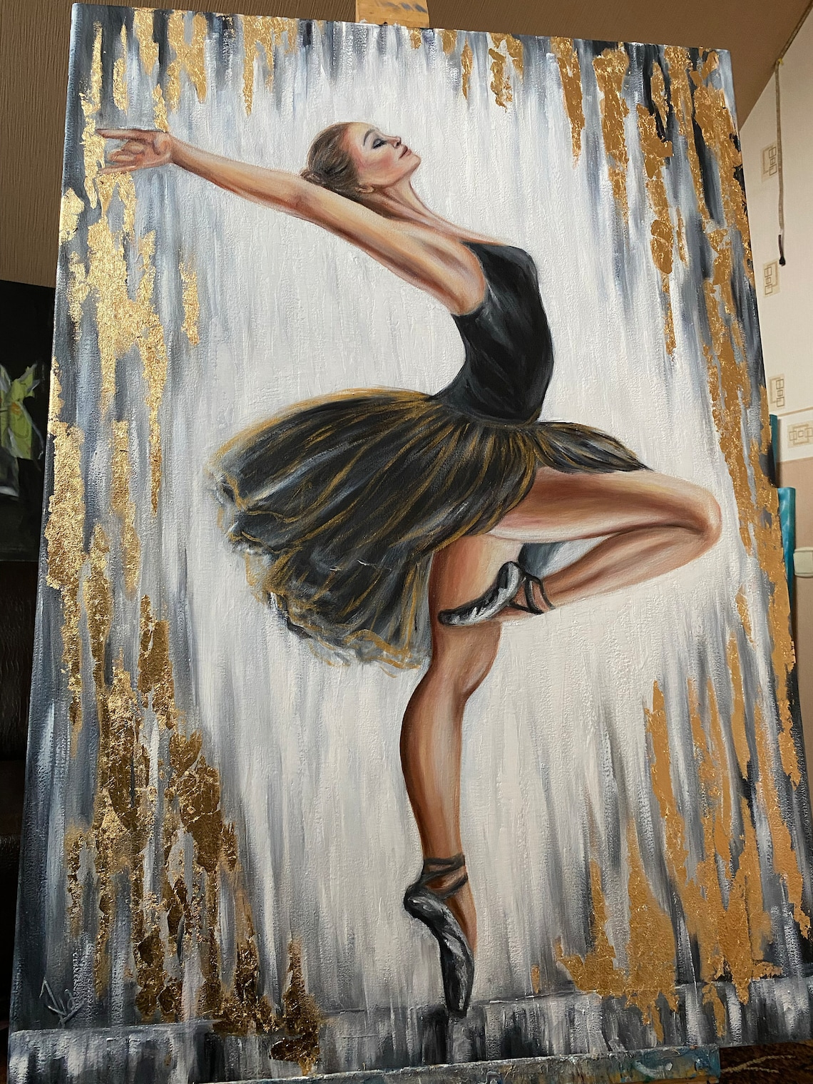 Dancing Ballerina In Black Dress Gold Leaf Ballet Art Painting - Image 2