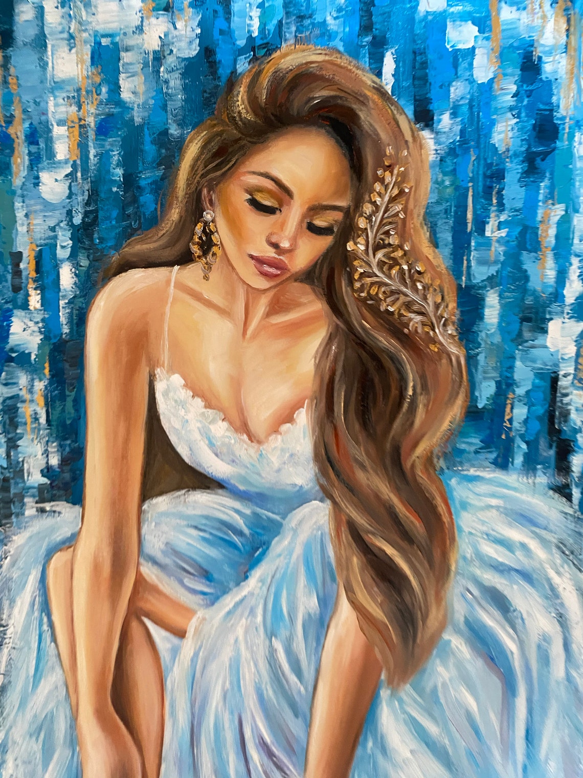 Abstract Woman Oil Painting Blue Ballerina Wall Art Girl In Dress Painting Ballerina Tying Pointe Shoes Sitting Ballerina Painting On - Image 3