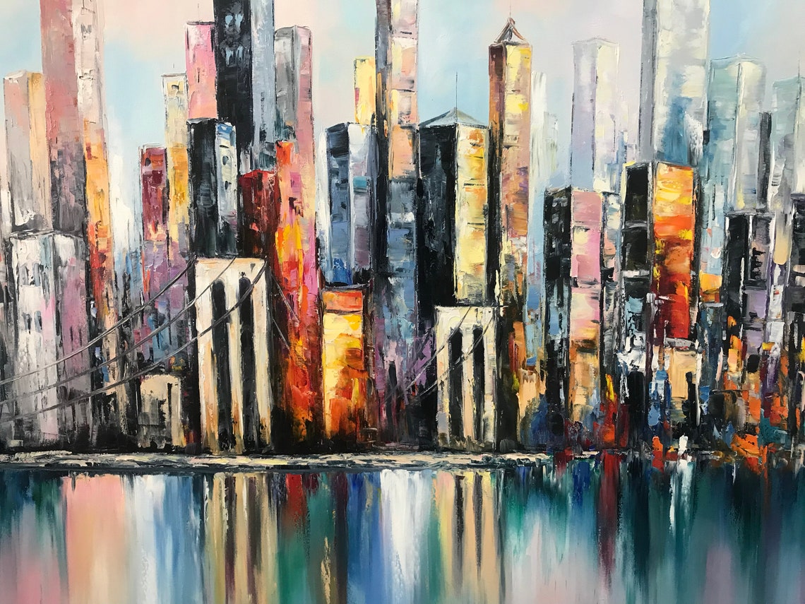 Abstract New York City Oil Painting Nyc Skyline Painting Extra Large Brooklyn Ny Modern Wall Art City Skyline Abstract Nyc Oil Painting - Image 2