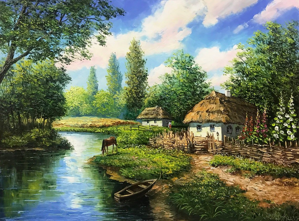 Ukrainian Village Painting Original Ukrainian Landscape Painting On Ukraine Wall Decor Ukraine Artist Paintings Ukrainian Folk Art
