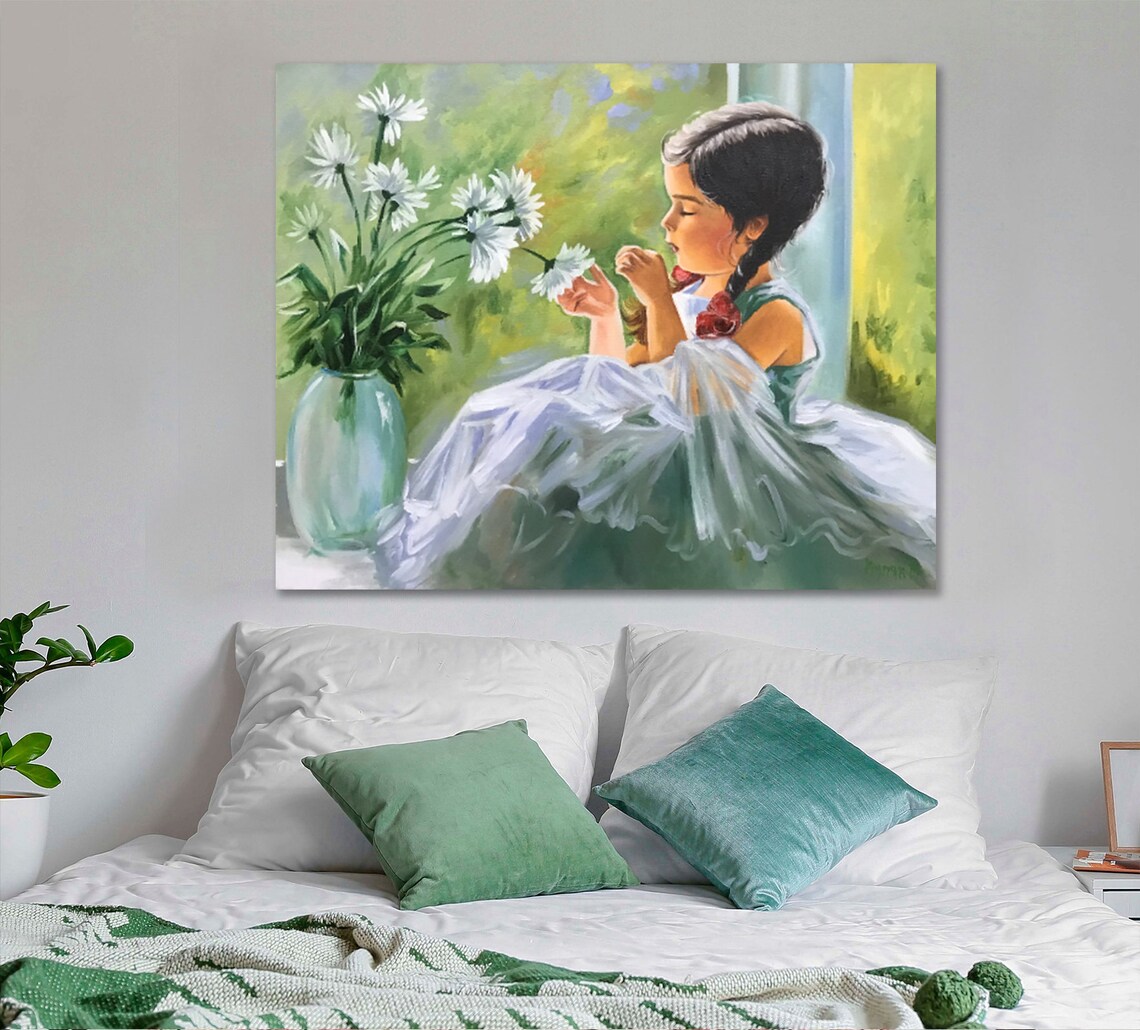 Little Girl Painting with Flowers, Wall Art Print - Image 2