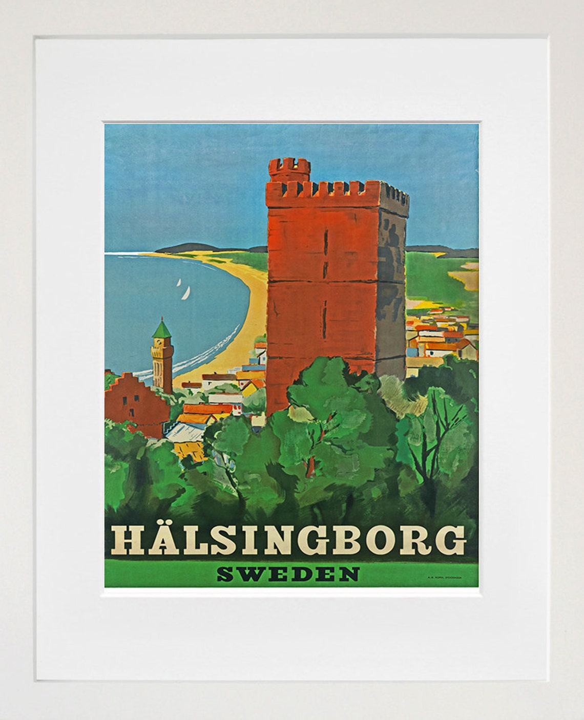Halsingborg Sweden Harbor Tower Beach Vintage Travel Poster Art