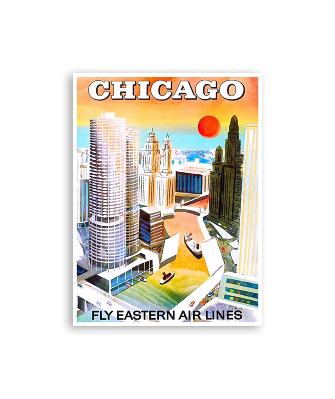 Chicago Fly Eastern Air Lines Skyline River Sun Travel Poster