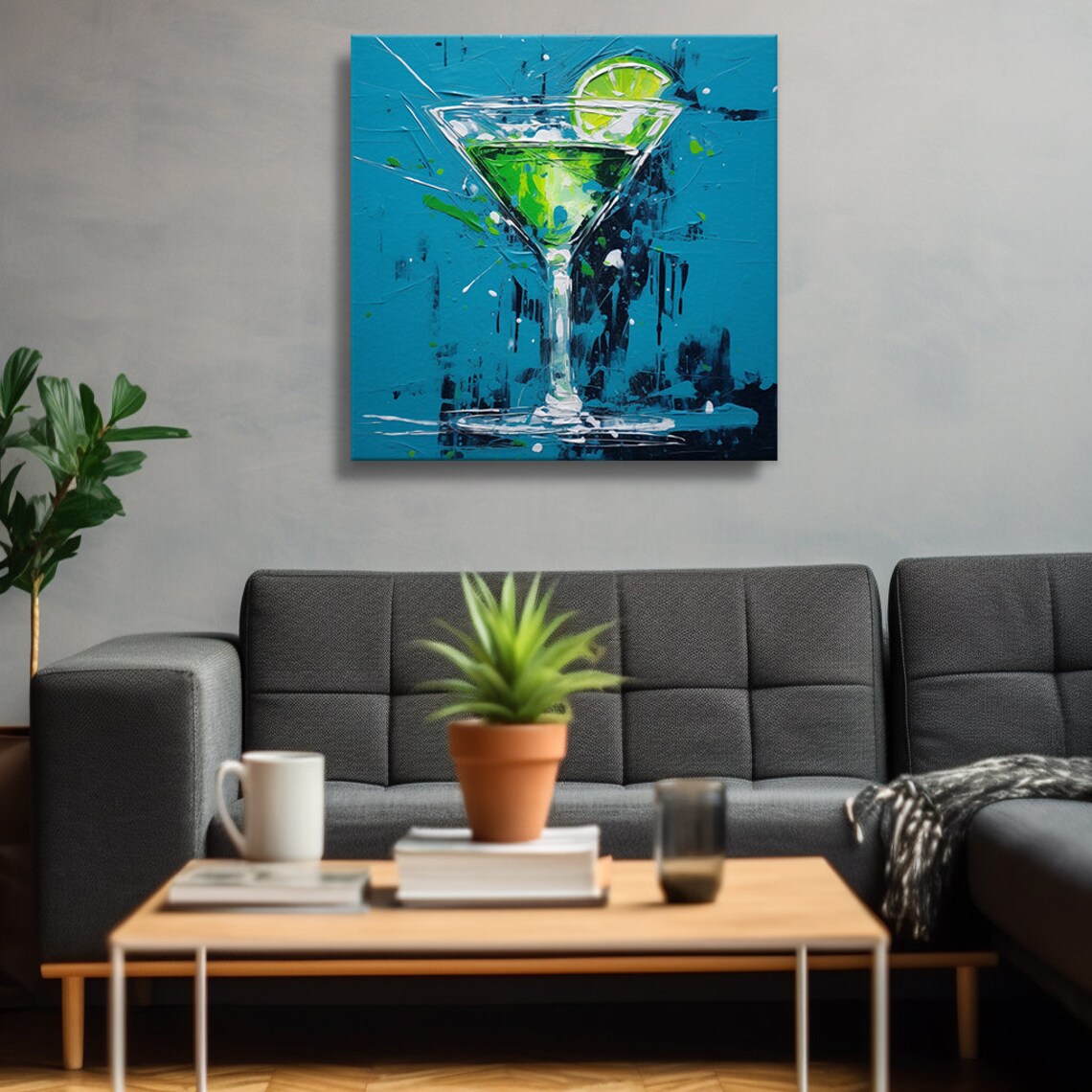 Green Margarita Cocktail Glass Abstract Impasto Teal Blue Bar Kitchen Wall Art - Image 3
