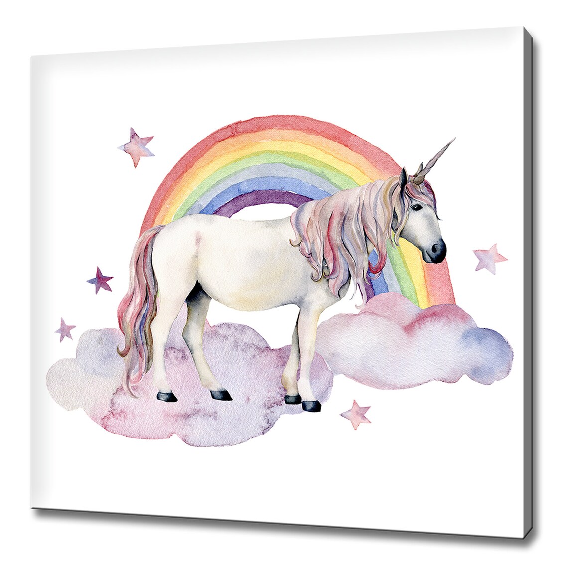 Watercolour Unicorn Rainbow Clouds Stars Kids Room Art Poster