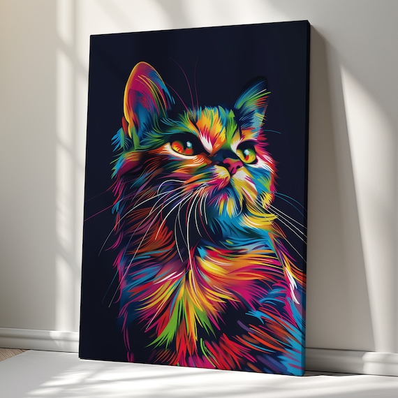 Neon Rainbow Cat Portrait Pop Art Multicolor Feline Black Background Print