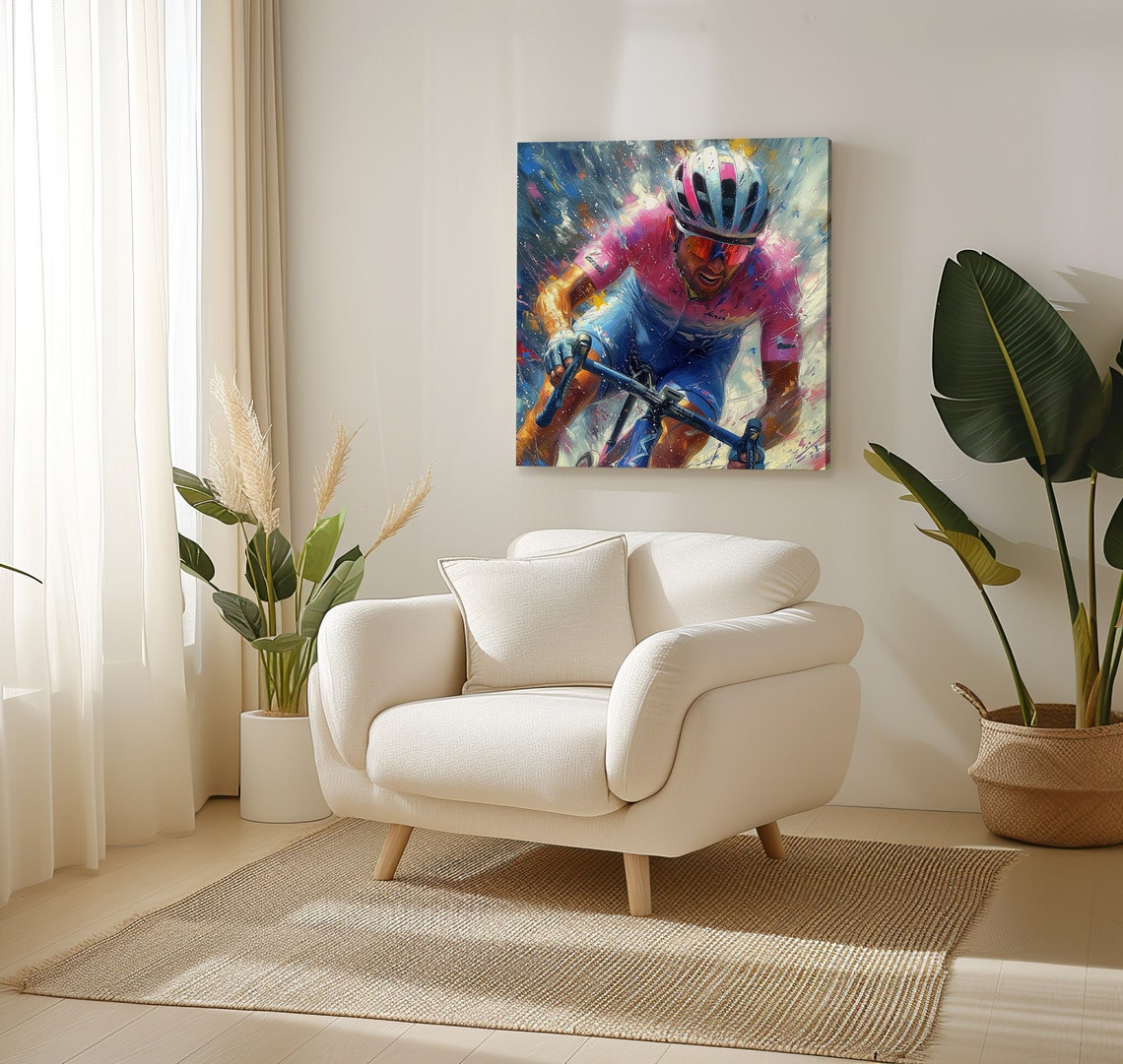 Cyclist In Pink Jersey Dynamic Action Sports Painting Wall Poster - Image 3