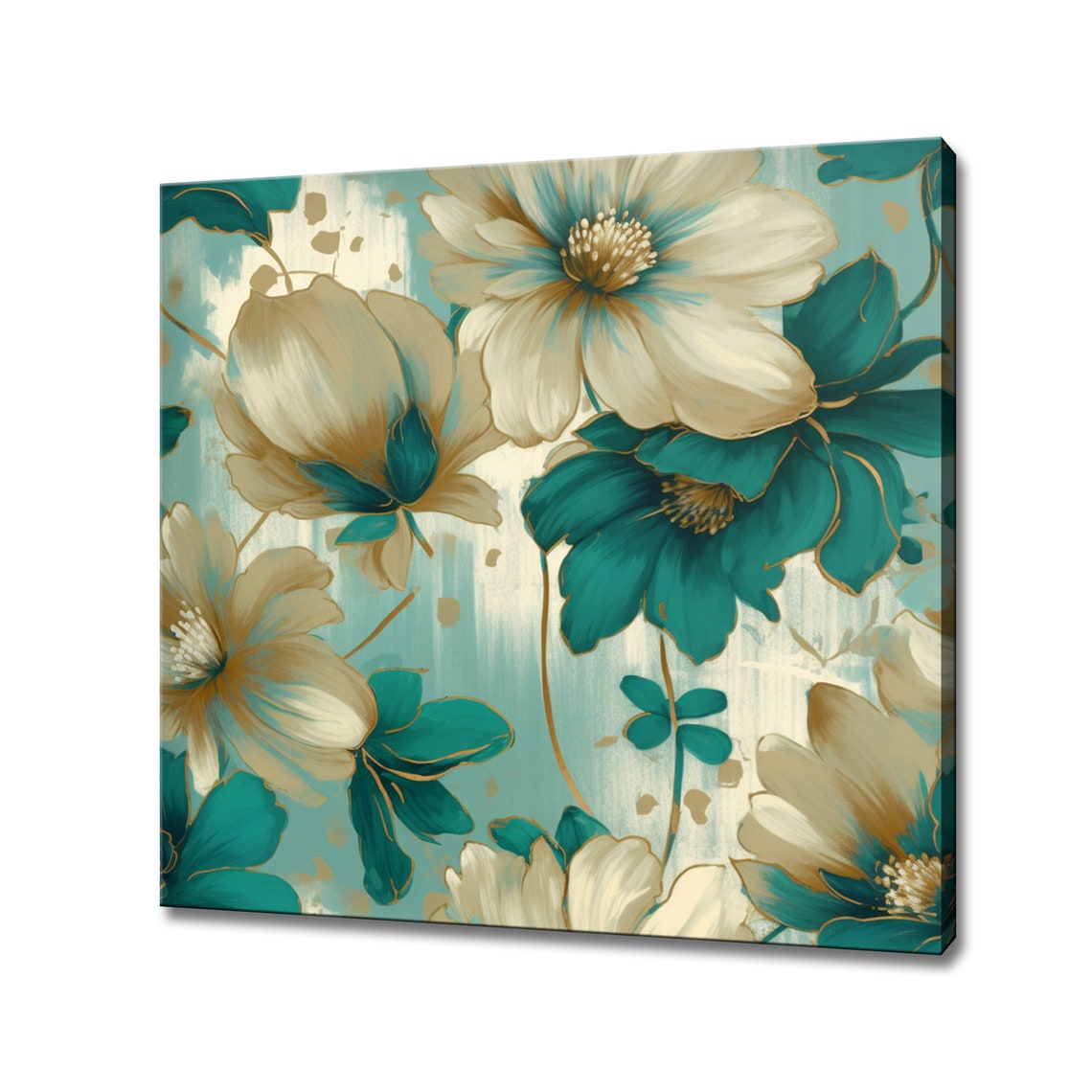 Beautiful Blooming Flowers Oil Painting Style Print Art Picture Wall Hanging Pastel Teal Beige Floral Wall Art Living Room Decor