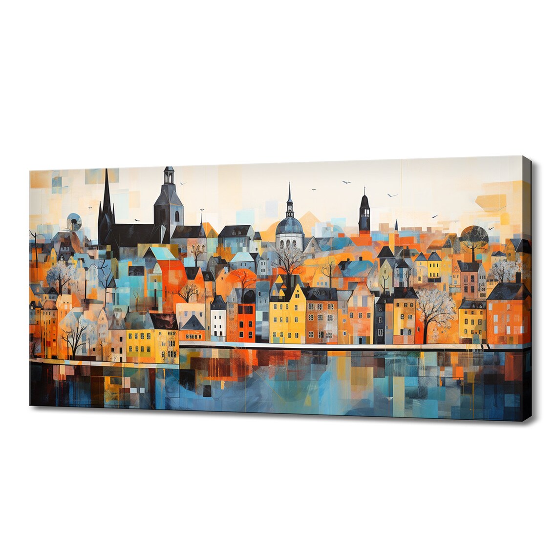Abstract European Riverside City Skyline Watercolour Travel Poster