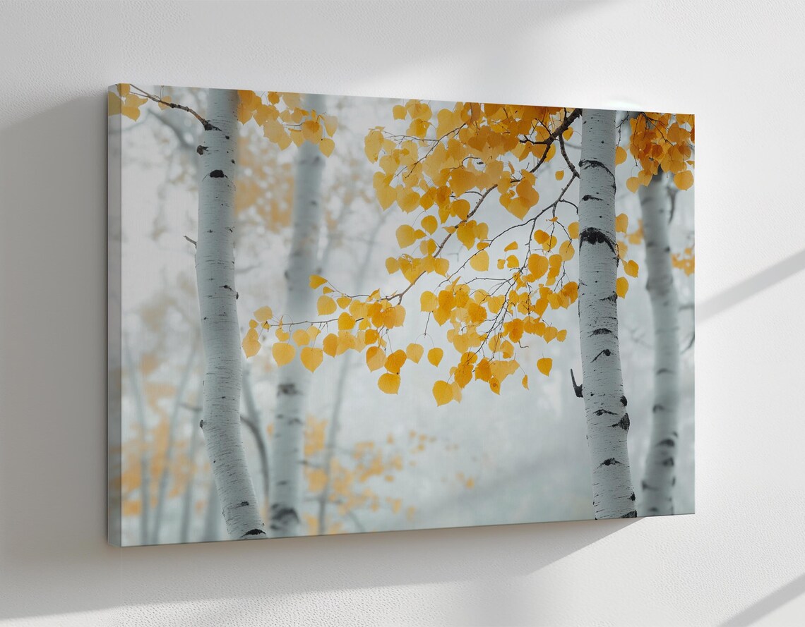 Misty Birch Forest Autumn Golden Leaves Tree Landscape Painting Print - Image 4