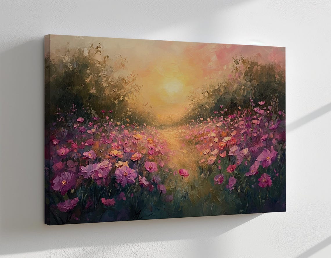 Pink Flowers Dreamy Meadow Field Sunset Vintage Painting Print Countryside Print Living Room Wall Art Farmhouse Decor Art - Image 4